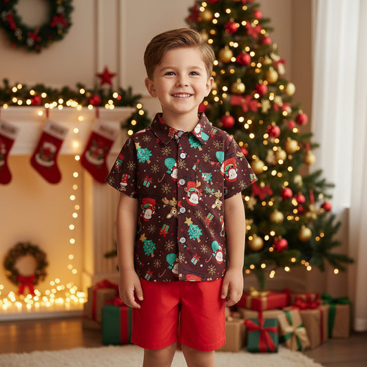 Boys  Christmas Shirt Short Sleeve Shorts Suit