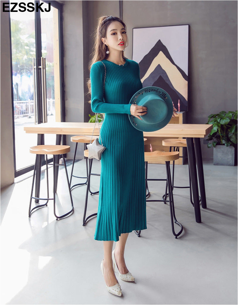 Round Neck Knitted Long Sleeve A- Line Dress