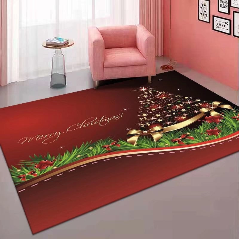 Christmas carpet mat with “Merry Christmas” text, bow ribbon, and holly leaves