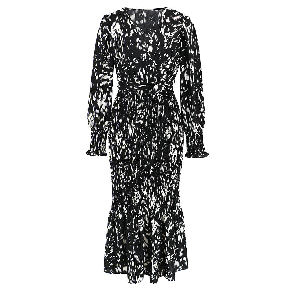 Slim-fit Temperament V-neck Belt Printed Long Fishtail Dress