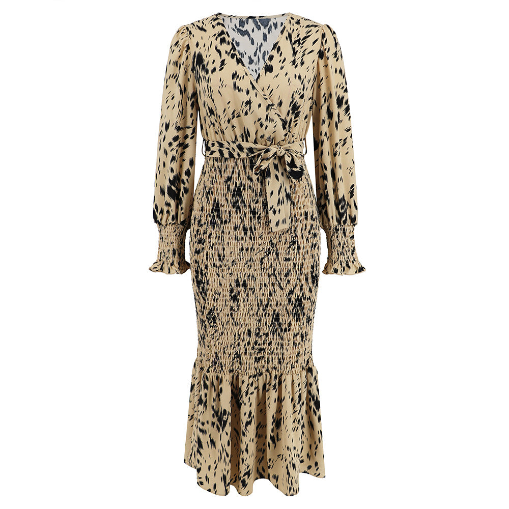 Slim-fit Temperament V-neck Belt Printed Long Fishtail Dress