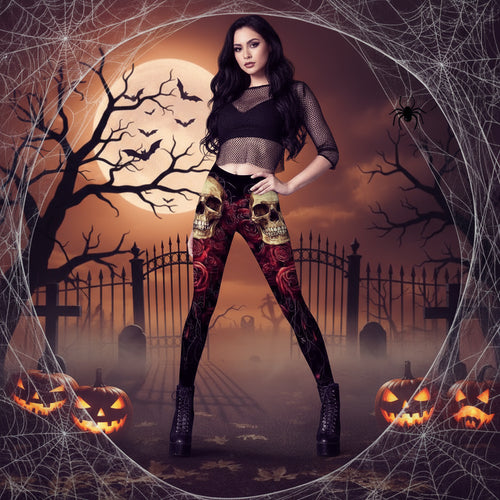 Skull Spider Web Printed Tight Leggings