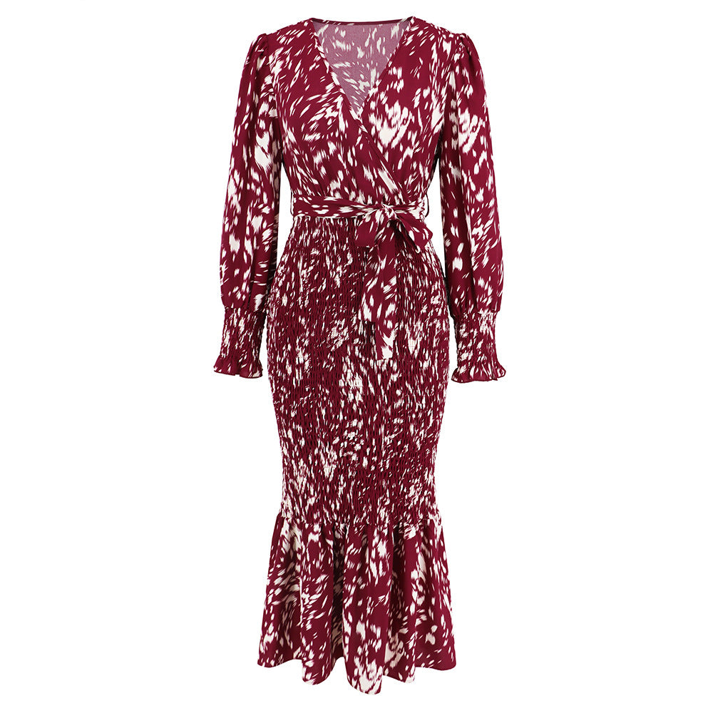 Slim-fit Temperament V-neck Belt Printed Long Fishtail Dress