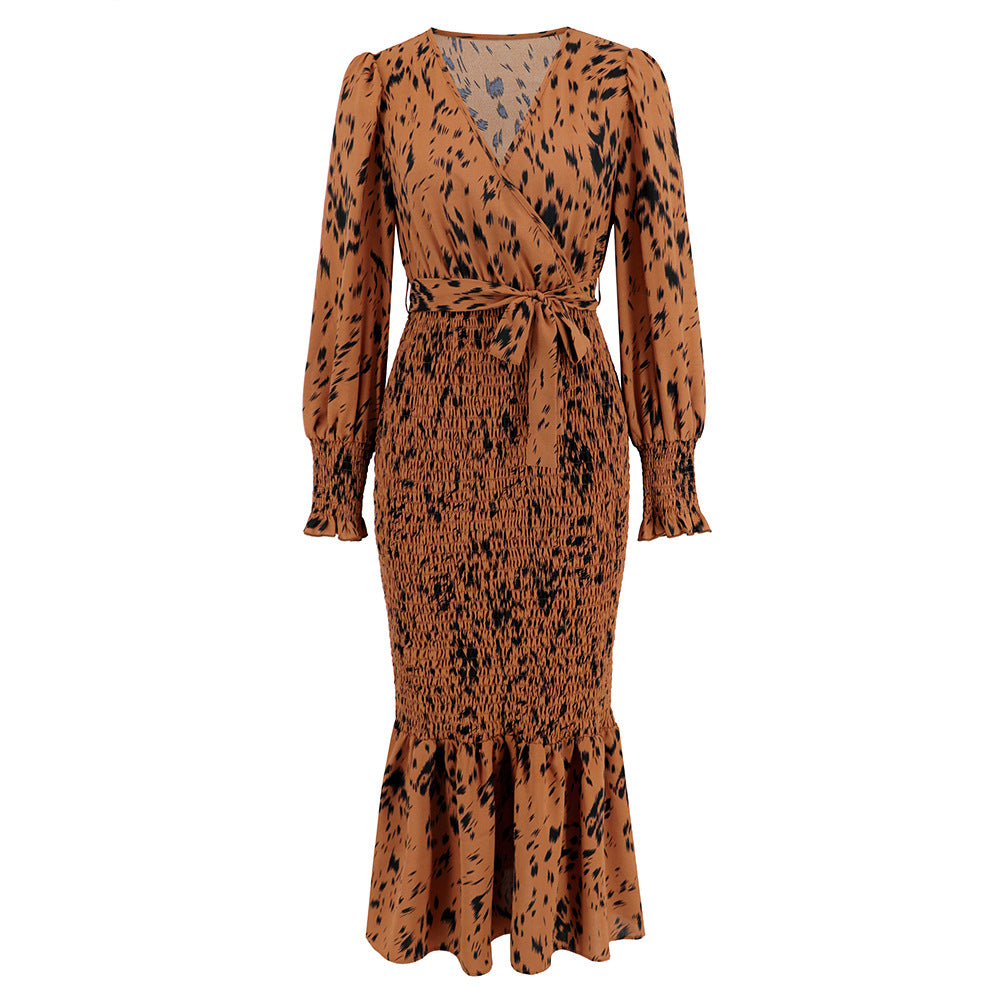 Slim-fit Temperament V-neck Belt Printed Long Fishtail Dress