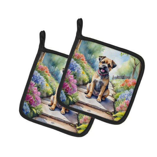Border Terrier Spring Path Pair of Pot Holders
