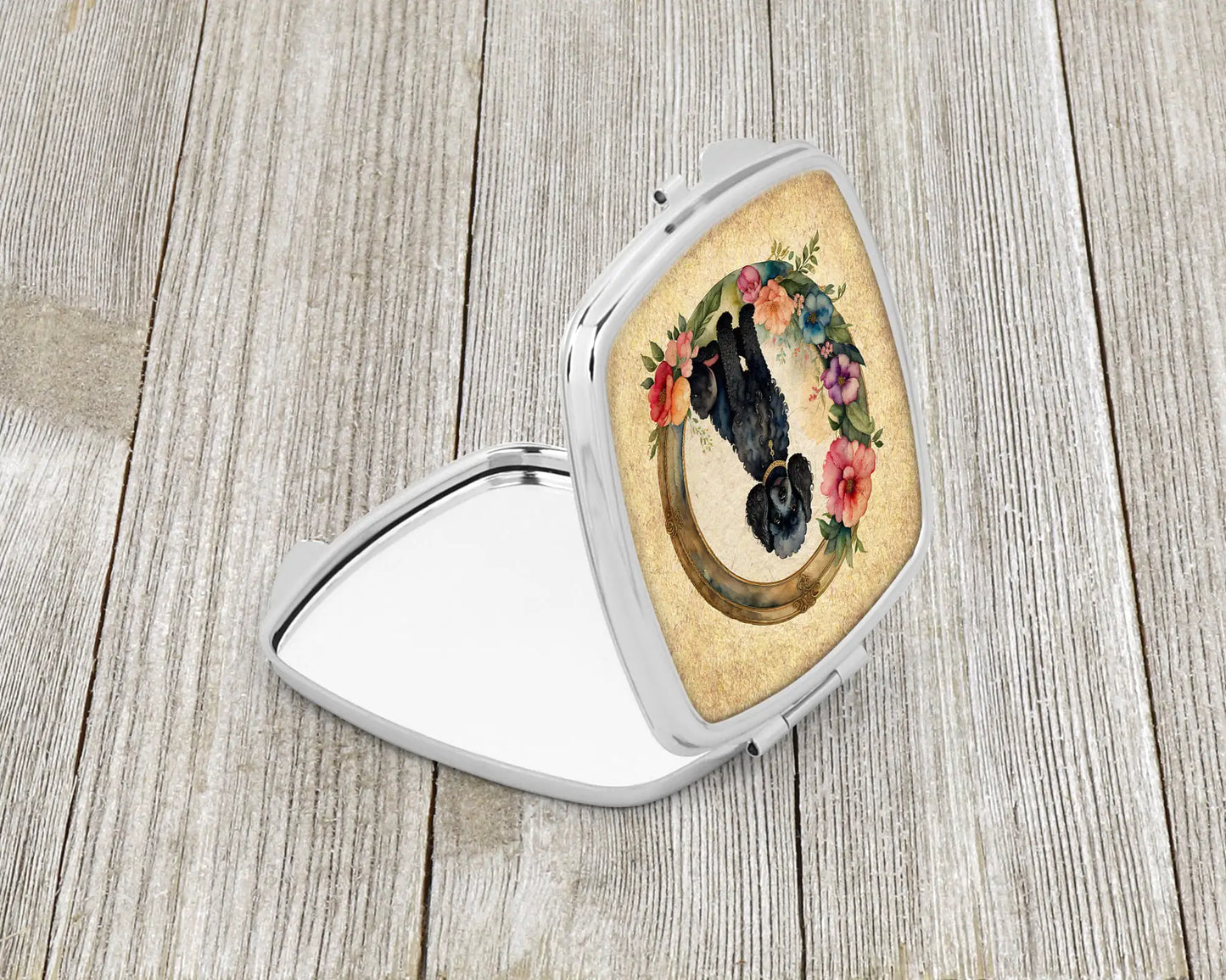 Black Poodle and Flowers Compact Mirror