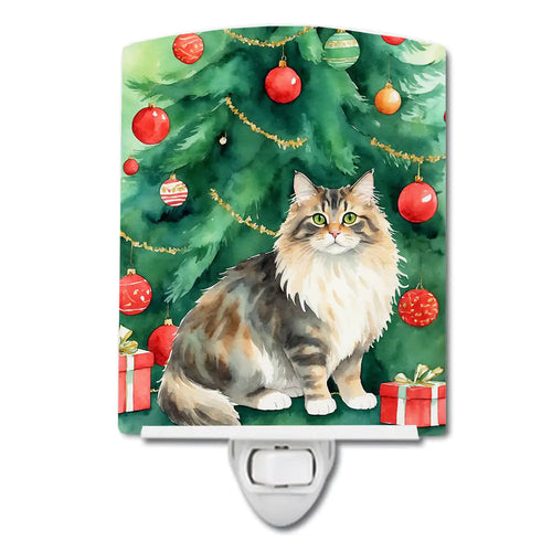Cymric Cat By the Christmas Tree Ceramic Night Light