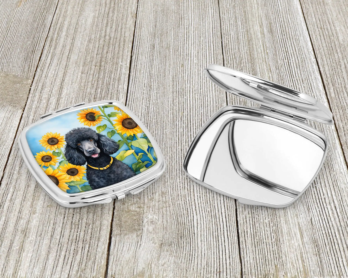 Black Poodle in Sunflowers Compact Mirror