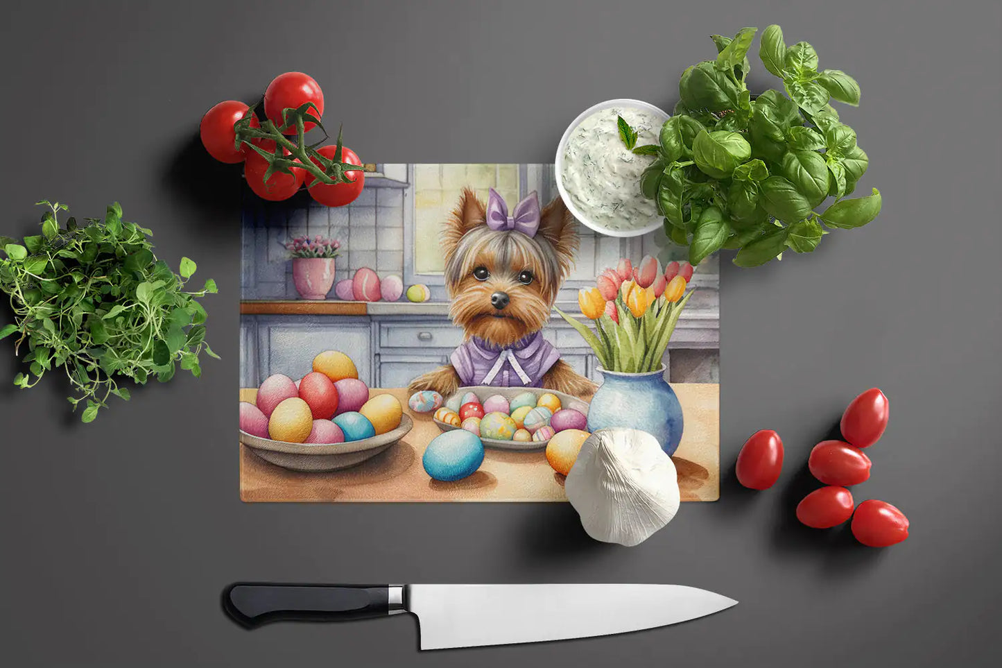 Decorating Easter Yorkshire Terrier Glass Cutting Board