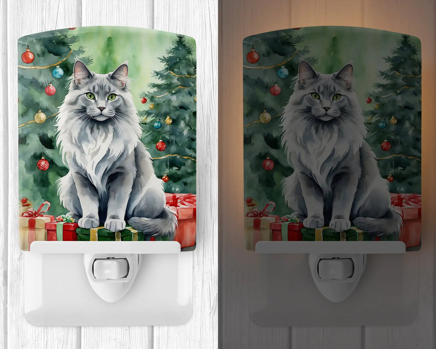 Nebelung Cat By the Christmas Tree Ceramic Night Light