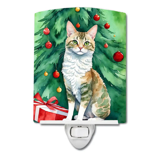 Oregon Rex Cat By the Christmas Tree Ceramic Night Light