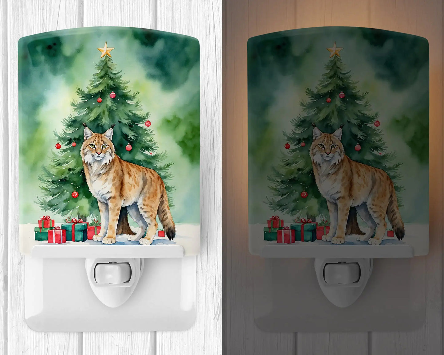 Highlander Lynx Cat By the Christmas Tree Ceramic Night Light
