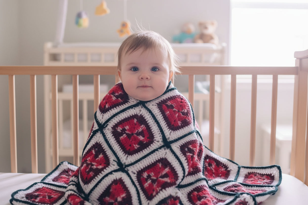 Handmade Granny Square hand crochet of Red, Whites, and Black Patchwork 5 squares by 5 squares Baby Blanket