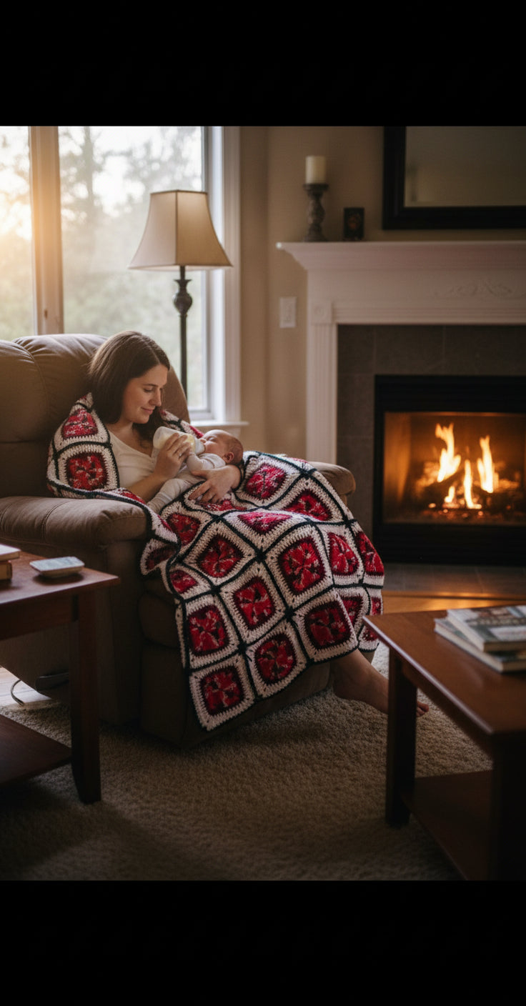 Handmade Granny Square hand crochet of Red, Whites, and Black Patchwork 5 squares by 5 squares Baby Blanket