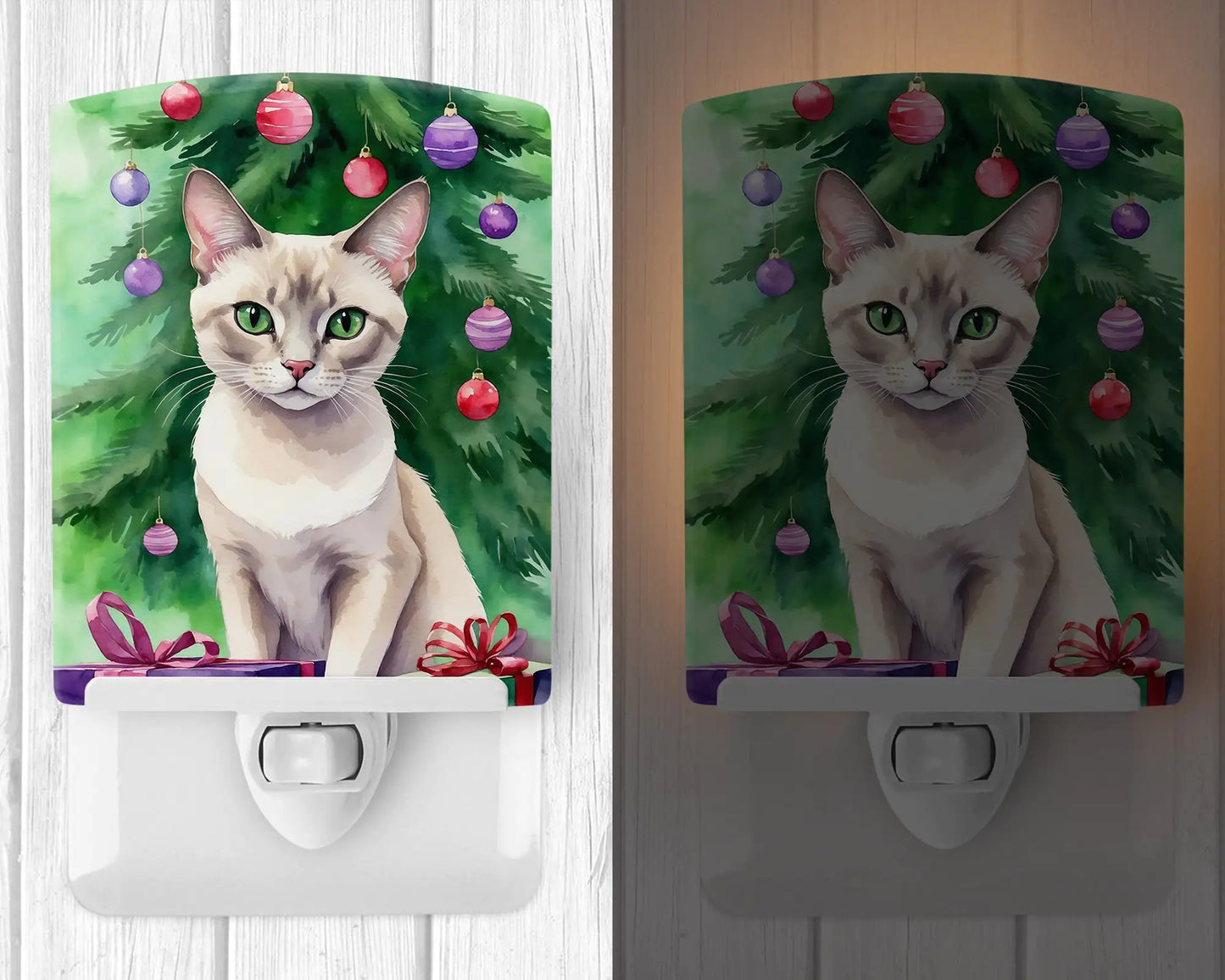 Thai Lilac Cat By the Christmas Tree Ceramic Night Light