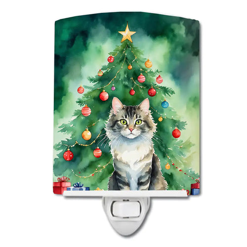 La Perm Cat By the Christmas Tree Ceramic Night Light