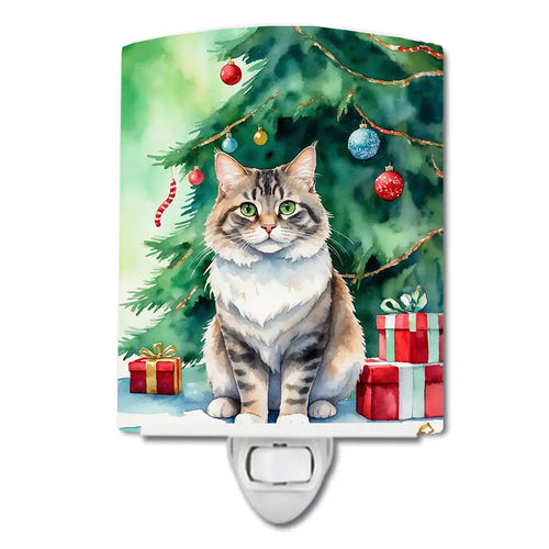 Kurilian Bobtail Cat By the Christmas Tree Ceramic Night Light