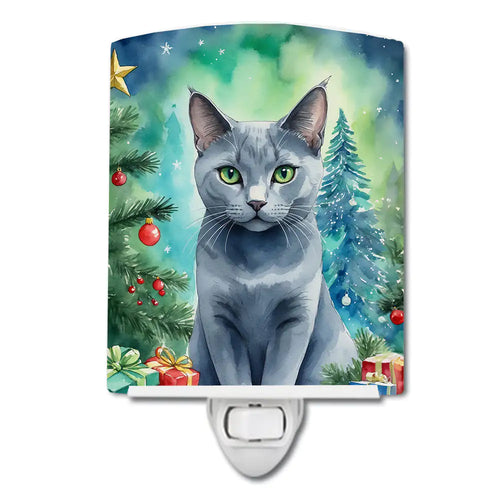 Russian Blue Cat By the Christmas Tree Ceramic Night Light