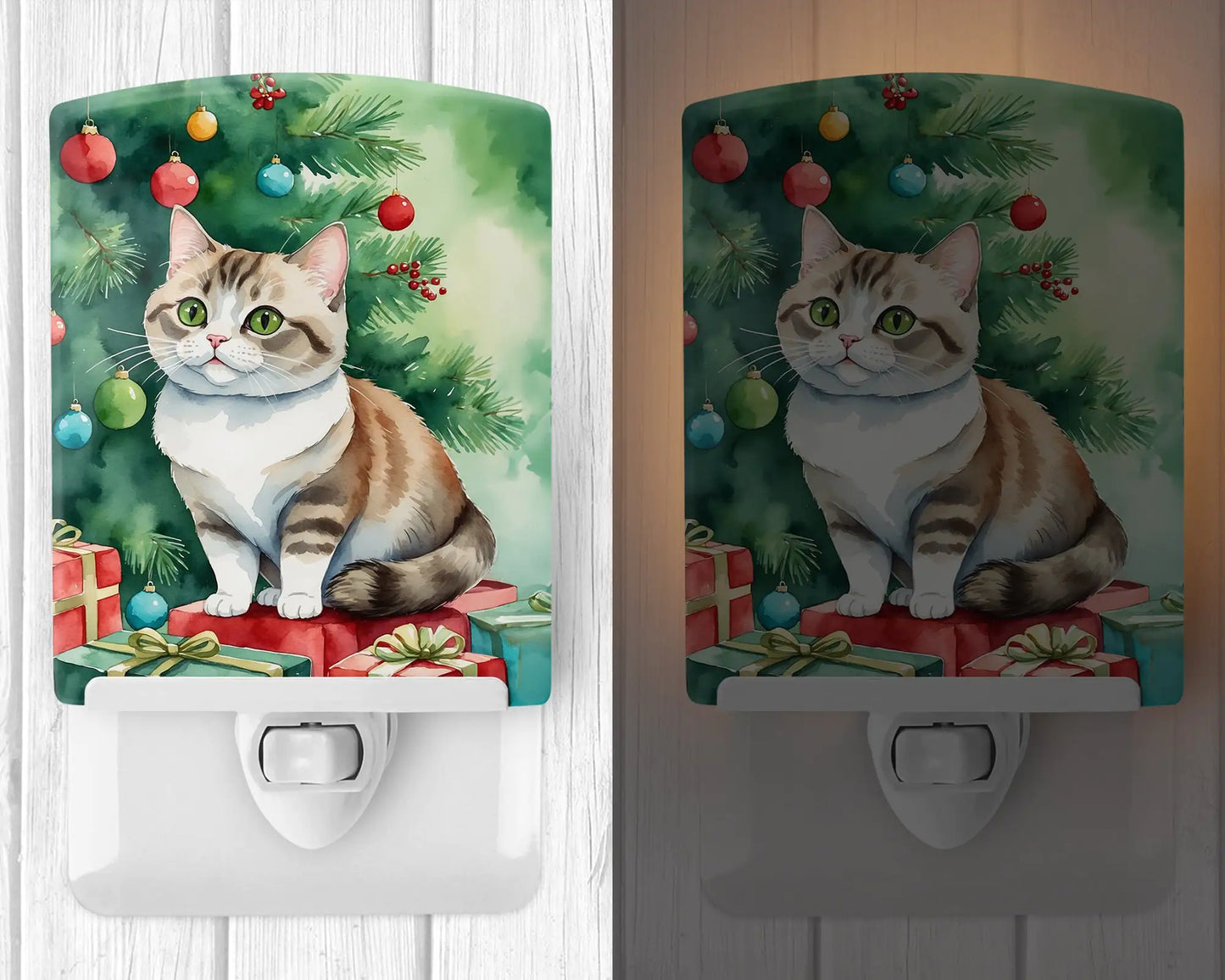 Munchkin Cat By the Christmas Tree Ceramic Night Light
