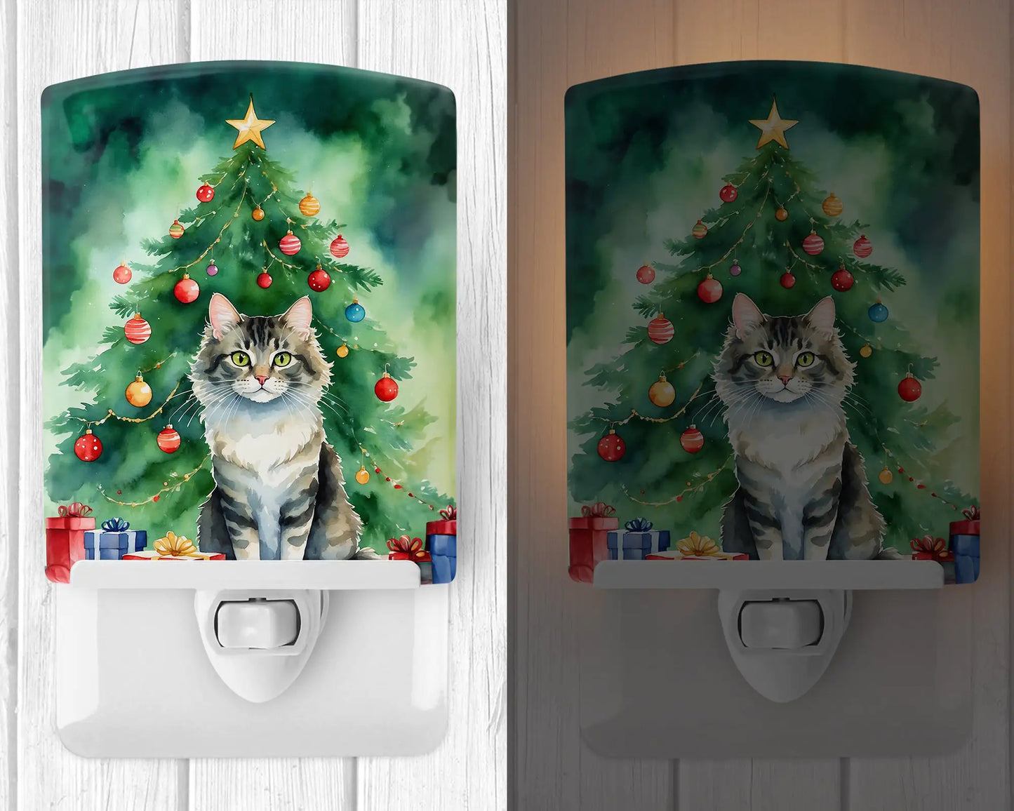 La Perm Cat By the Christmas Tree Ceramic Night Light