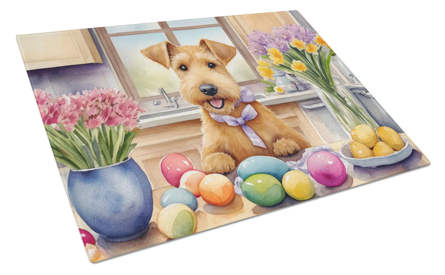 Decorating Easter Lakeland Terrier Glass Cutting Board