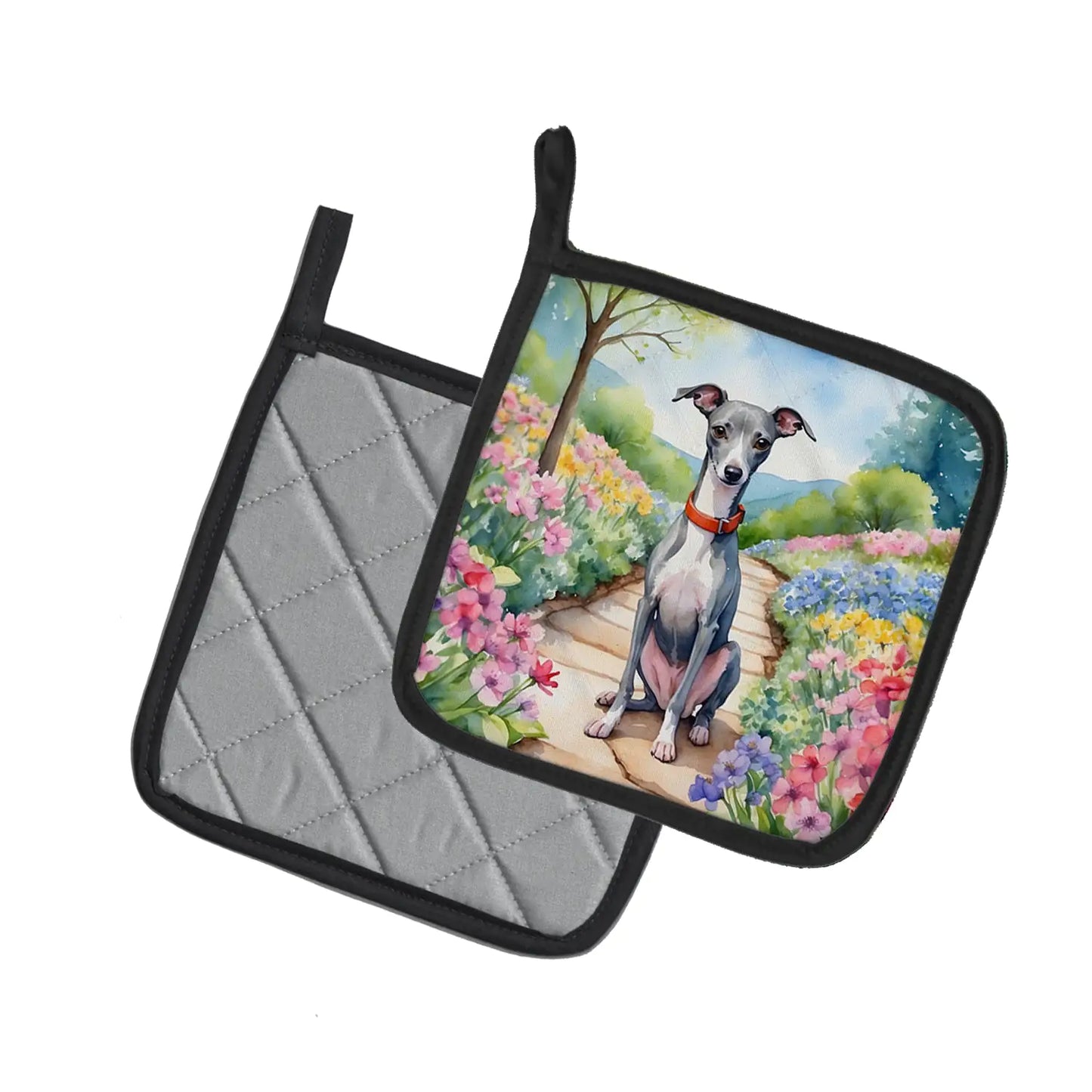 Italian Greyhound Spring Path Pair of Pot Holders