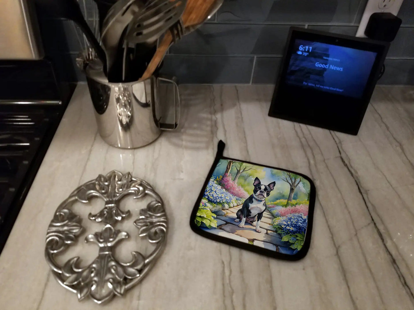 Boston Terrier Spring Path Pair of Pot Holders