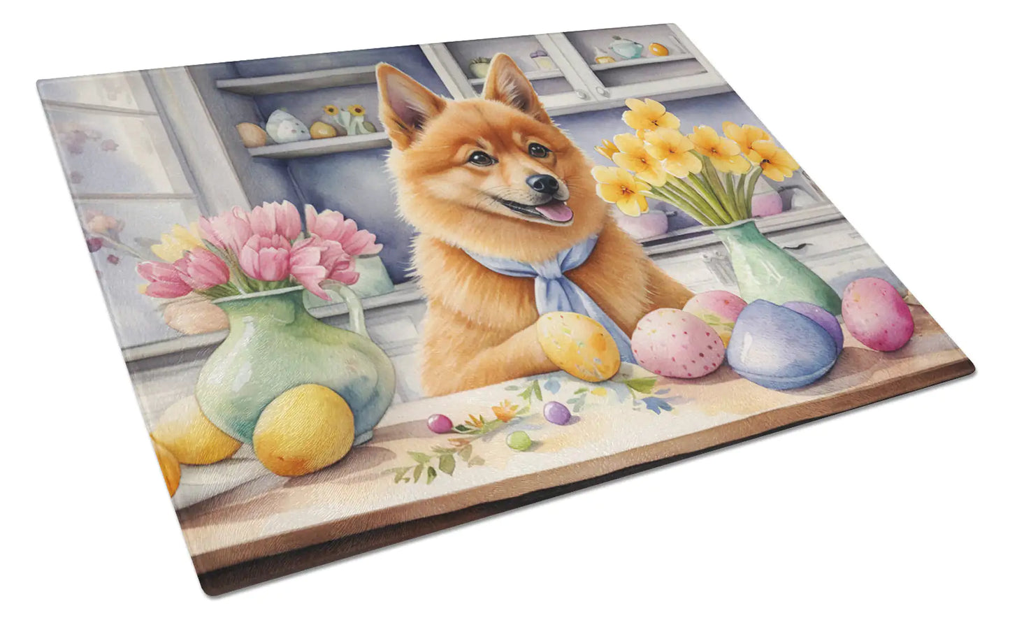 Decorating Easter Finnish Spitz Glass Cutting Board