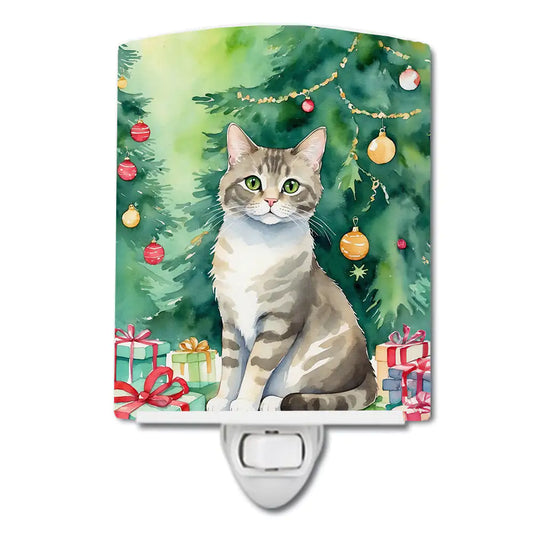 Pudelkatze Cat By the Christmas Tree Ceramic Night Light