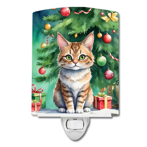 Pixie Bob Cat By the Christmas Tree Ceramic Night Light