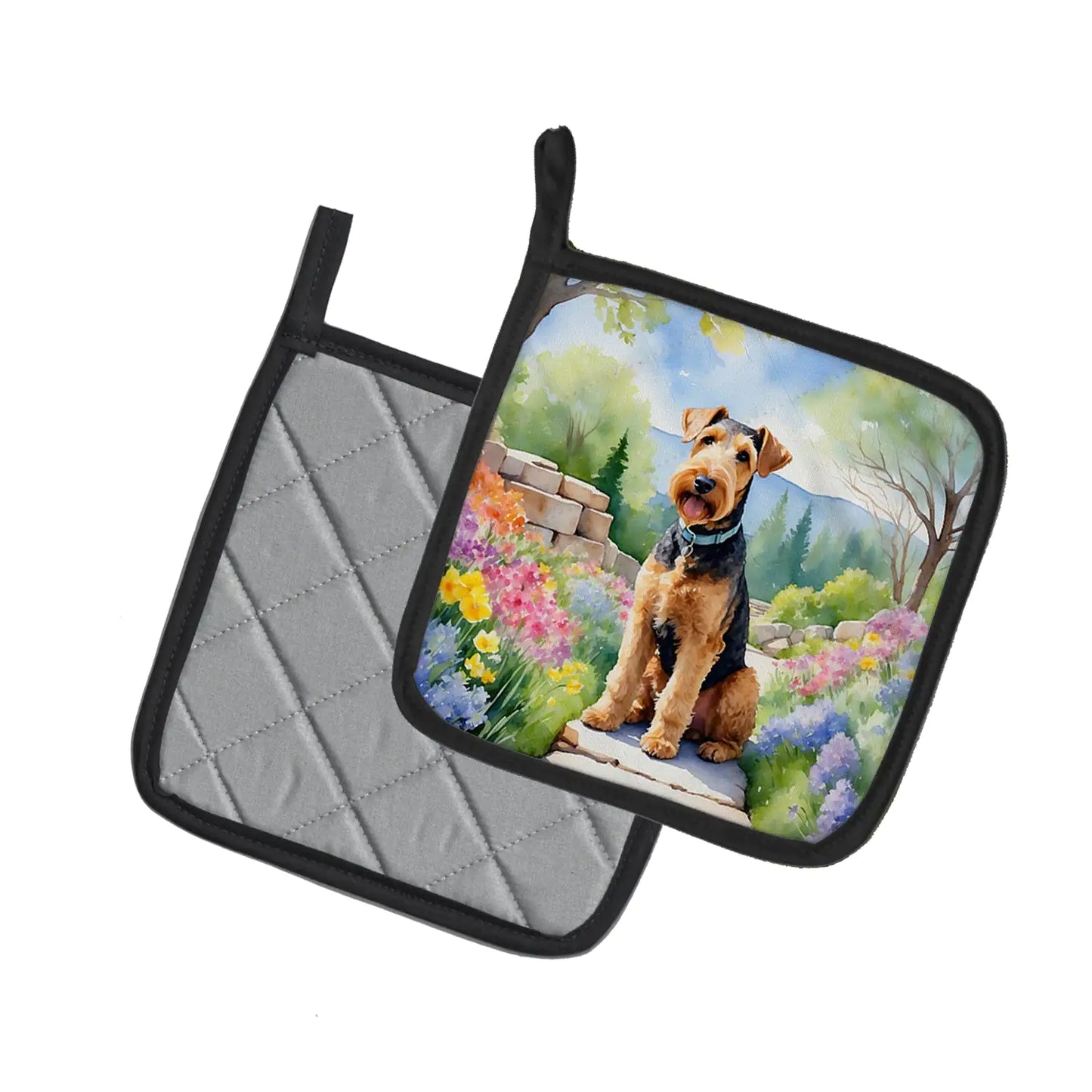 Airedale Terrier Spring Garden Pair of Pot Holders