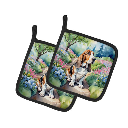 Basset Hound Spring Garden Pair of Pot Holders