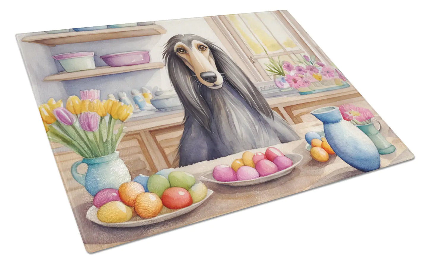 Decorating Easter Afghan Hound Glass Cutting Board