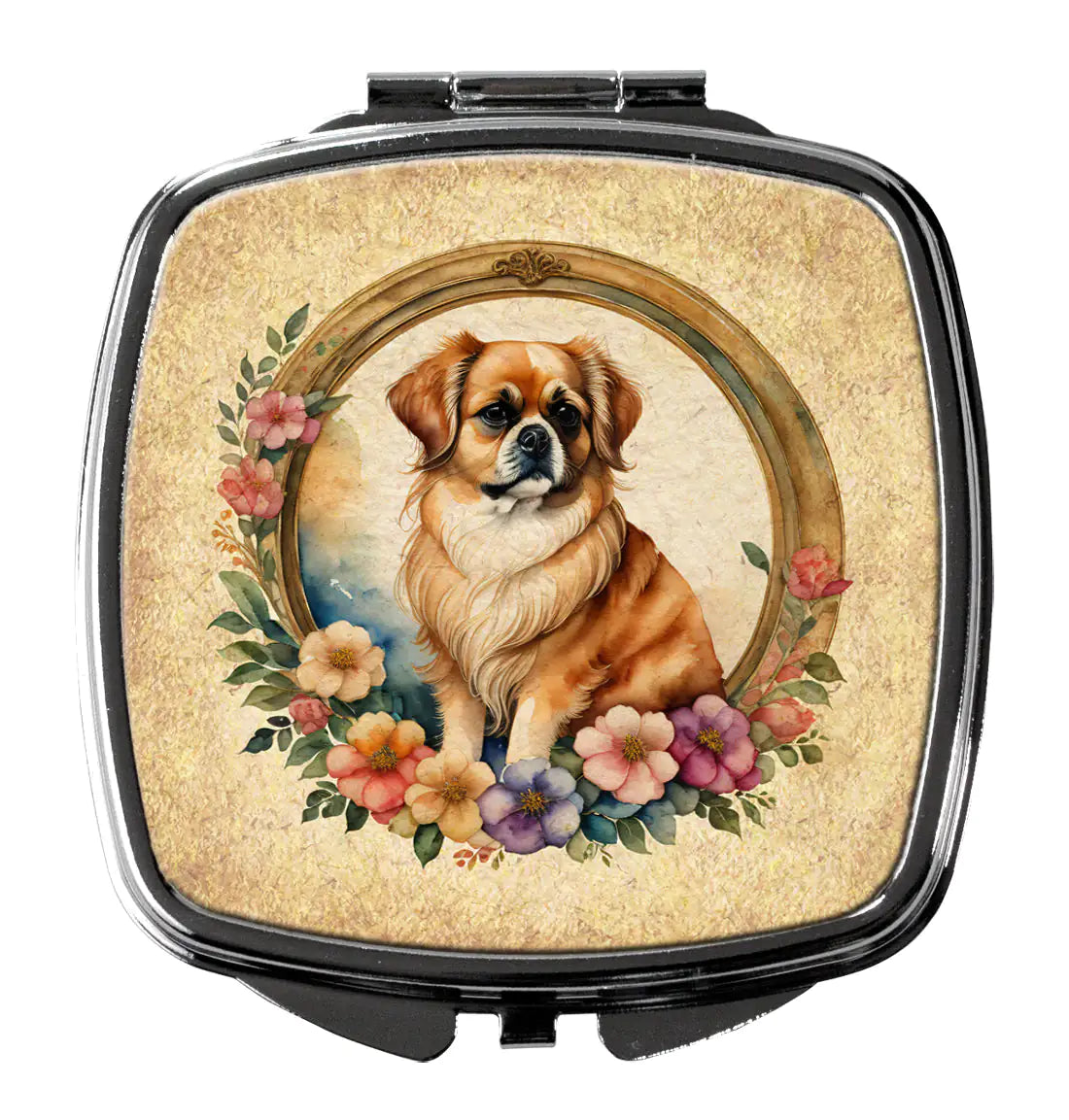 Tibetan Spaniel and Flowers Compact Mirror