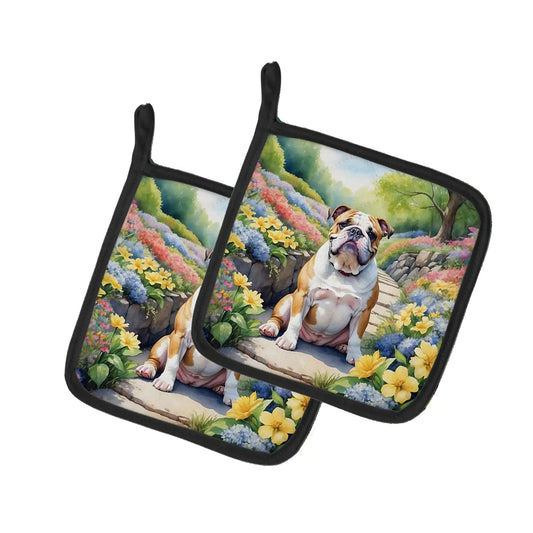 English Bulldog Spring Path Pair of Pot Holders