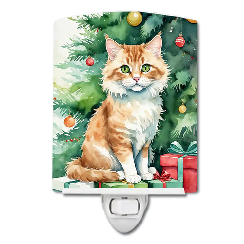 Skookum Cat By the Christmas Tree Ceramic Night Light