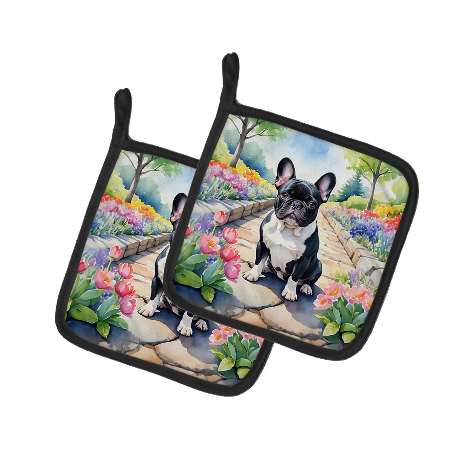 French Bulldog Spring Path Pair of Pot Holders