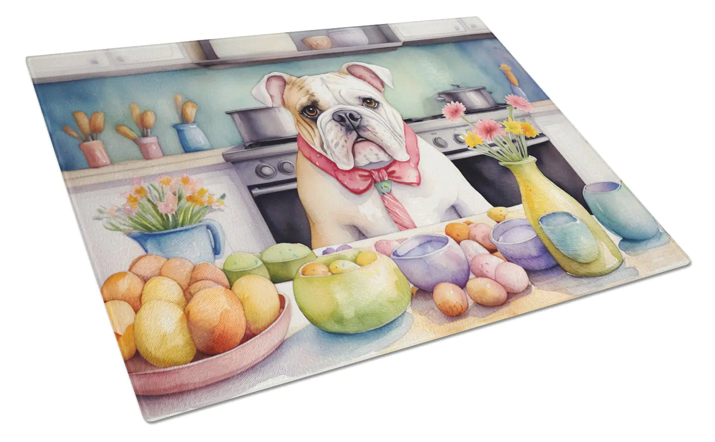 Decorating Easter English Bulldog Glass Cutting Board