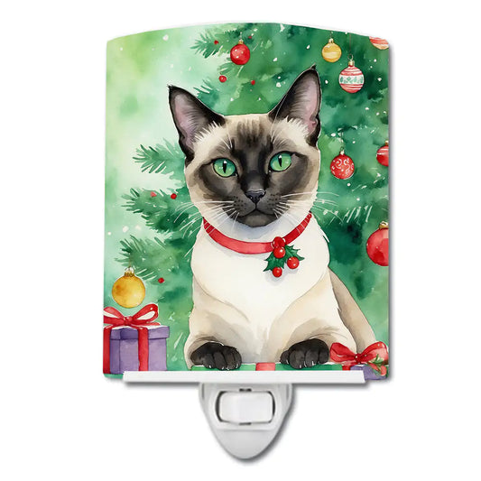 Siamese Cat By the Christmas Tree Ceramic Night Light