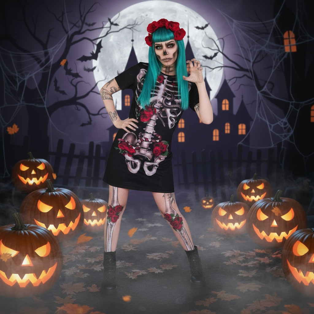 Halloween Costume Skull Print Dress For Women