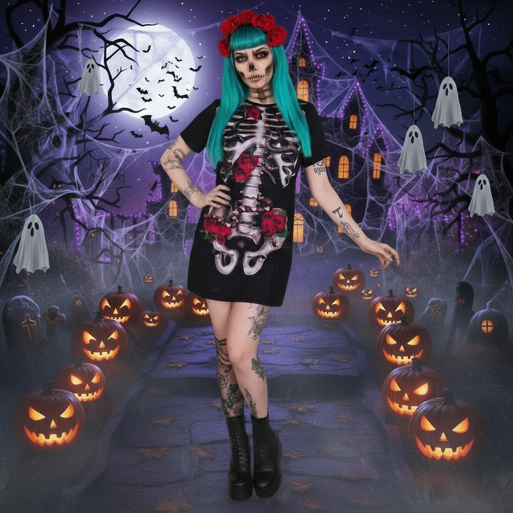 Halloween Costume Skull Print Dress For Women