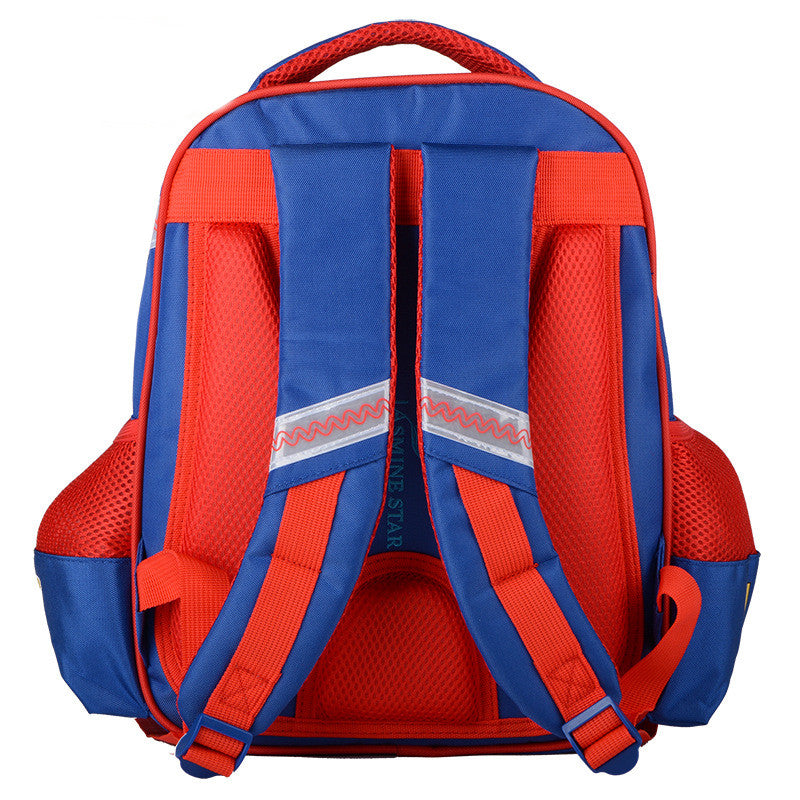 Red and blue school backpack with padded back panel and adjustable shoulder straps