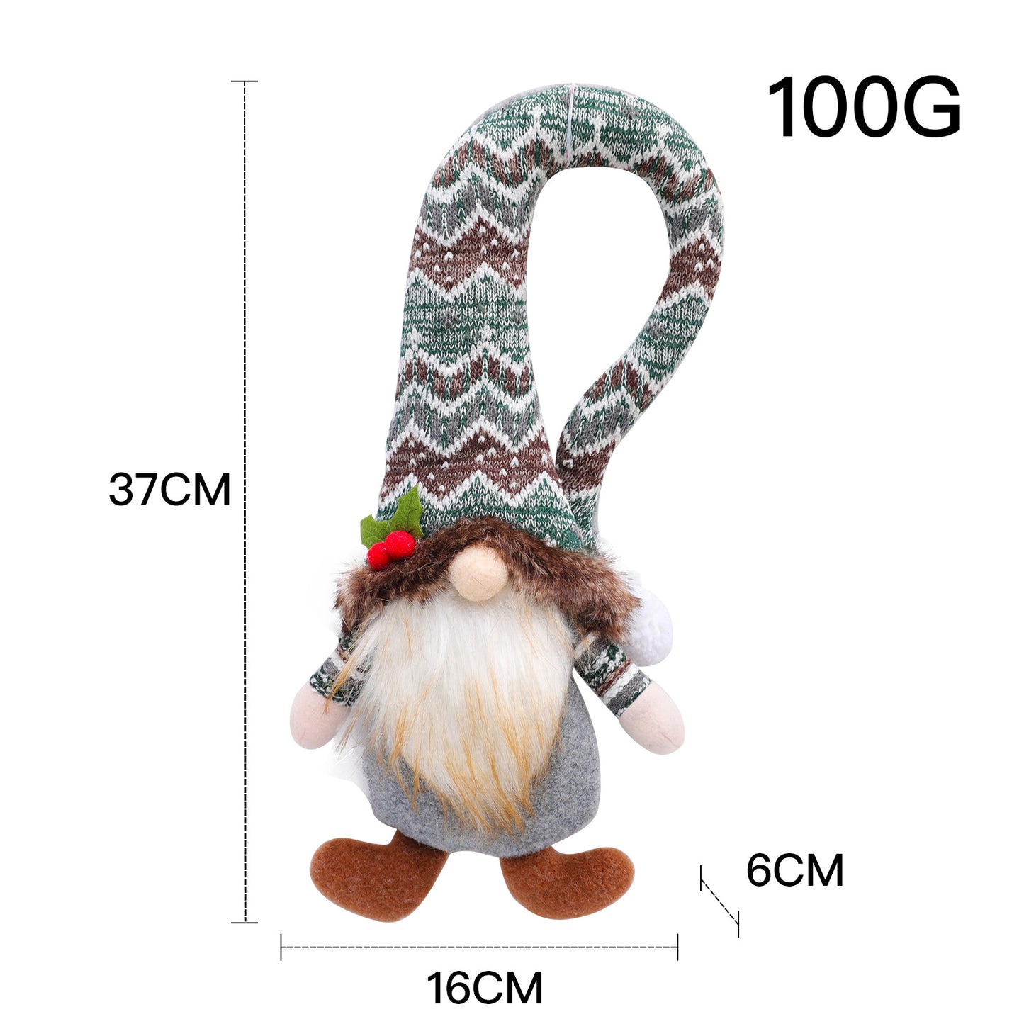 Gnome curtain tieback doll with patterned knit hat; size 37cm shown