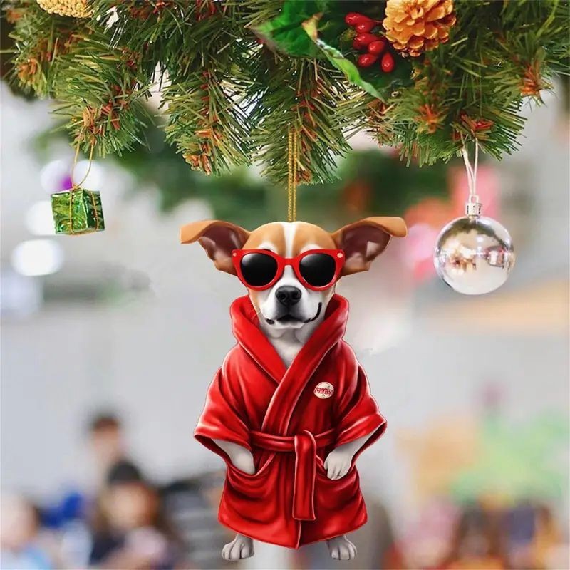 Christmas tree hanging decoration, dog in red robe with black sunglasses