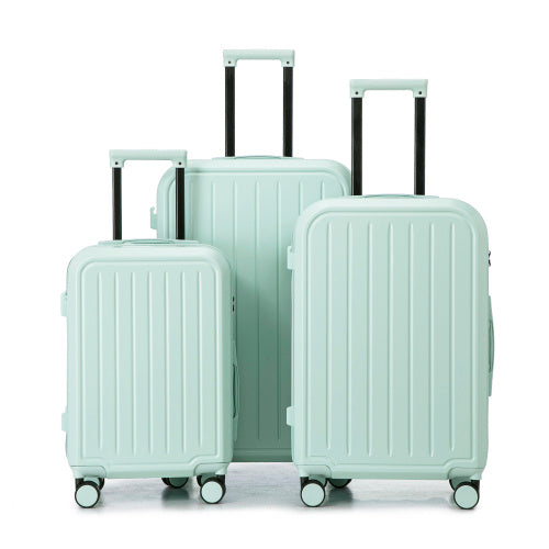 Mint green 3-piece ABS spinner luggage set with telescoping handles and wheels