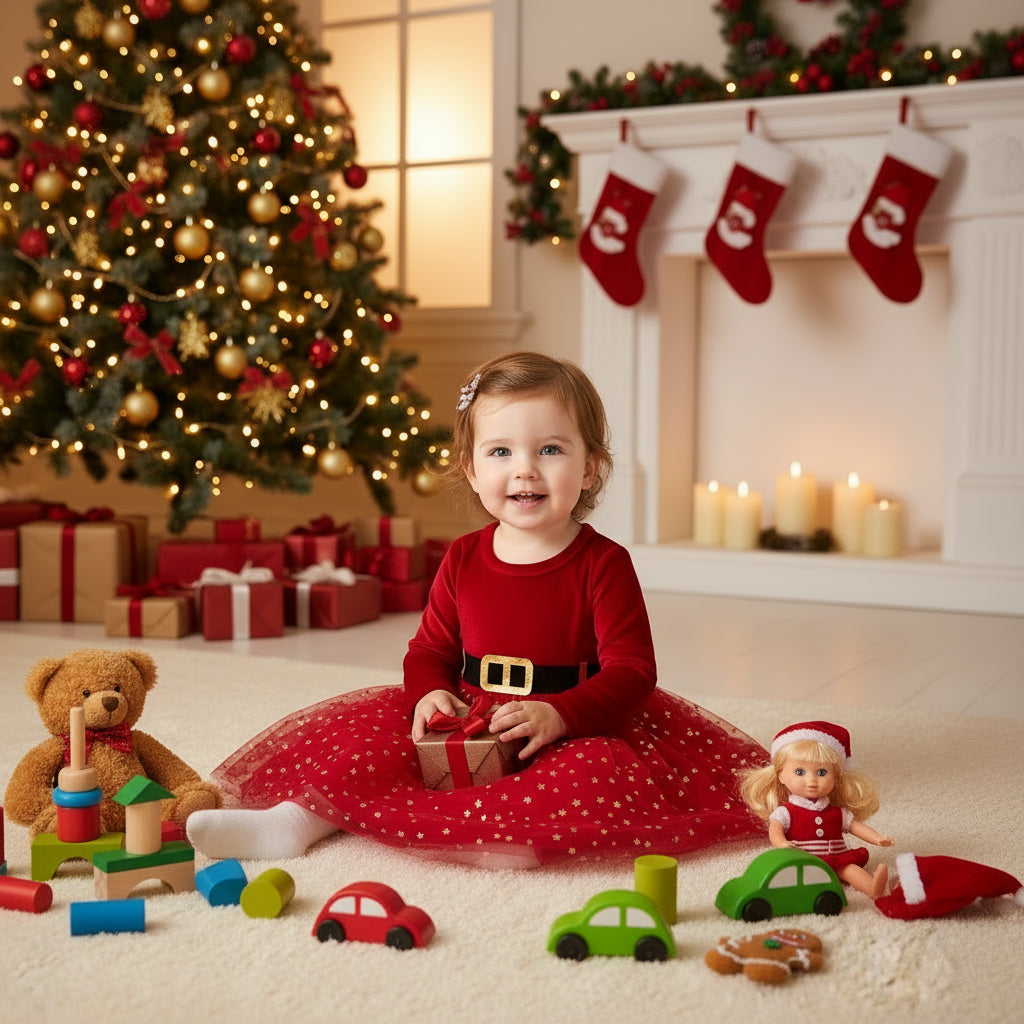 Christmas Children's Autumn Red Silver Fox Velvet Long Sleeve Mesh Princess Dress