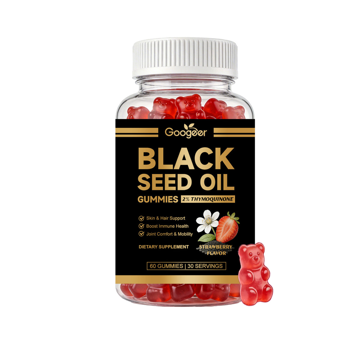 Black seed oil gummies bottle with red gummy bears, 60 servings