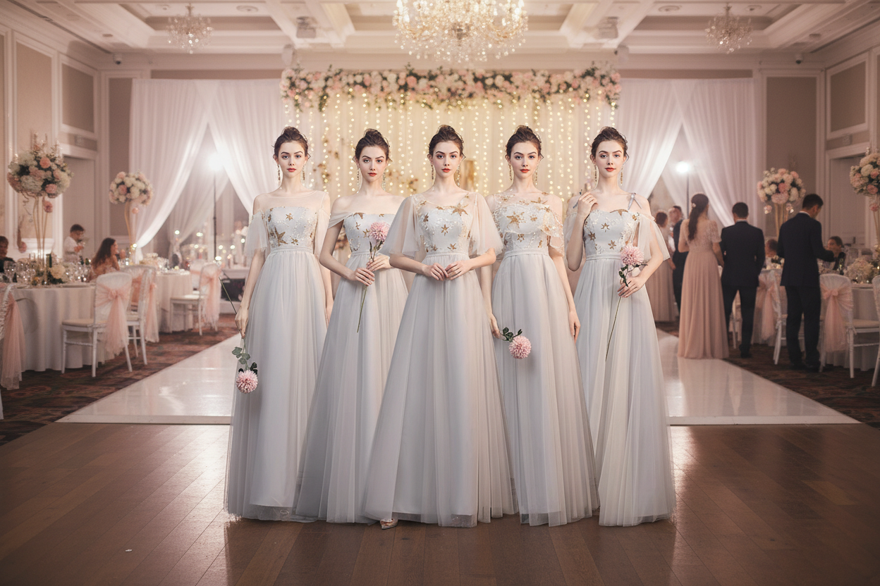Group view of champagne-gray off-shoulder slim-fit bridesmaid dresses with floral embroidered bodices and long skirts