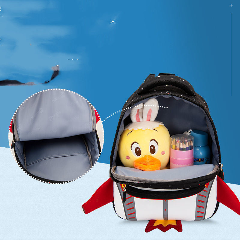 Black kids backpack with open top, cartoon duck plush and pencil case inside