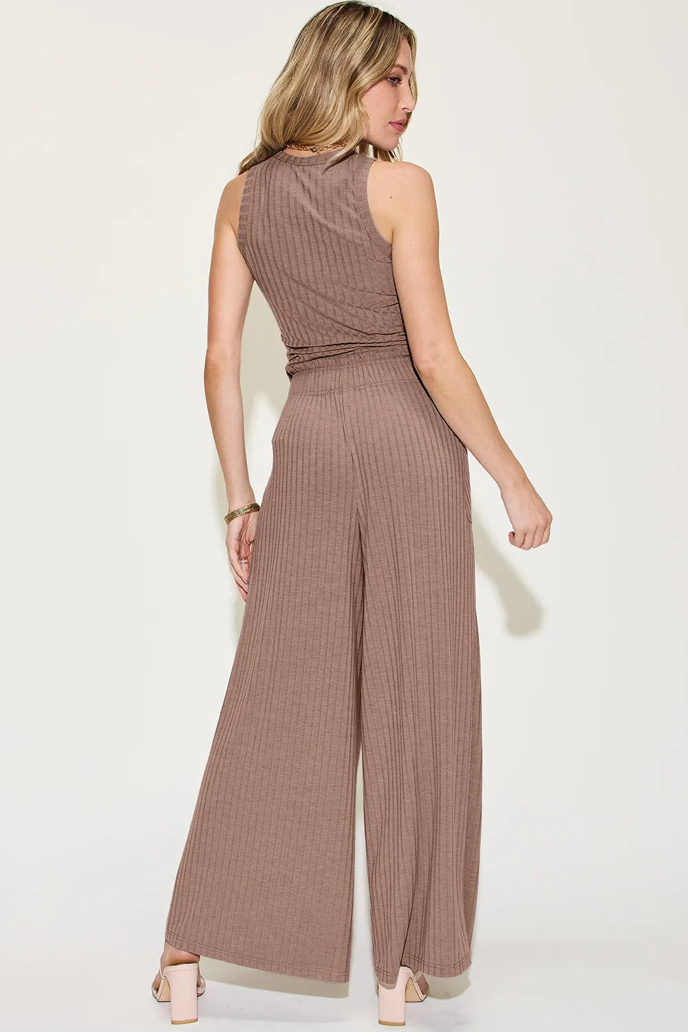 Mocha ribbed tank and wide-leg pants set shown from back with elastic waist